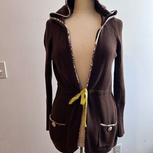 Anthropologie Sparrow Brown Knit Hooded Cardigan with Yellow Tie Front Vintage
